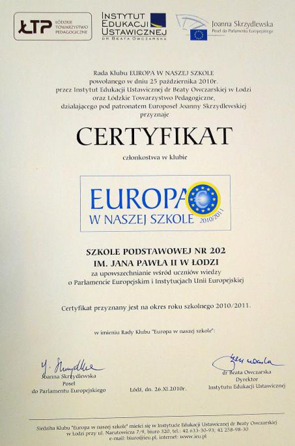 Certyfikat Europa w Naszej Szkole