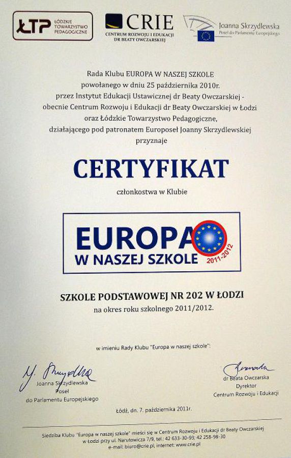 Certyfikat Europa w Naszej Szkole