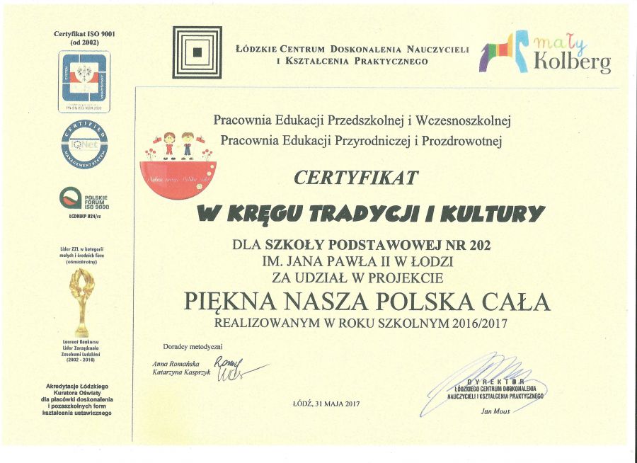 Certyfikat Piękna nasza Polska cała