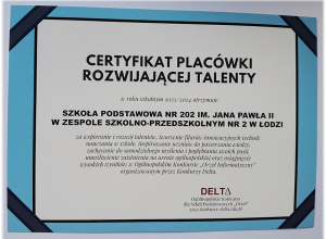 Certyfikat dla naszej placówki rozwijającej talenty